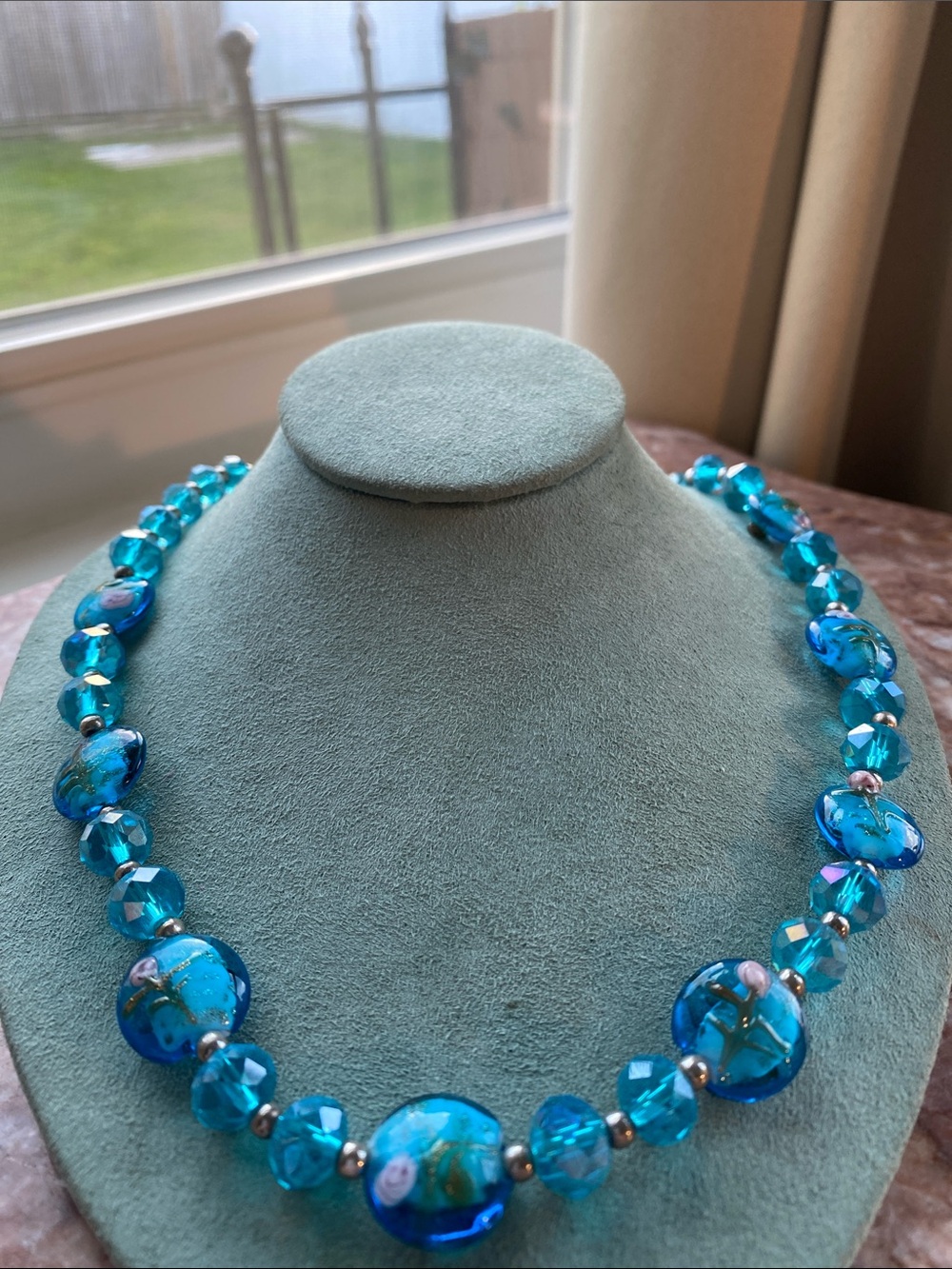Blue Lampwork Glass Beaded Necklace - Flower Accent